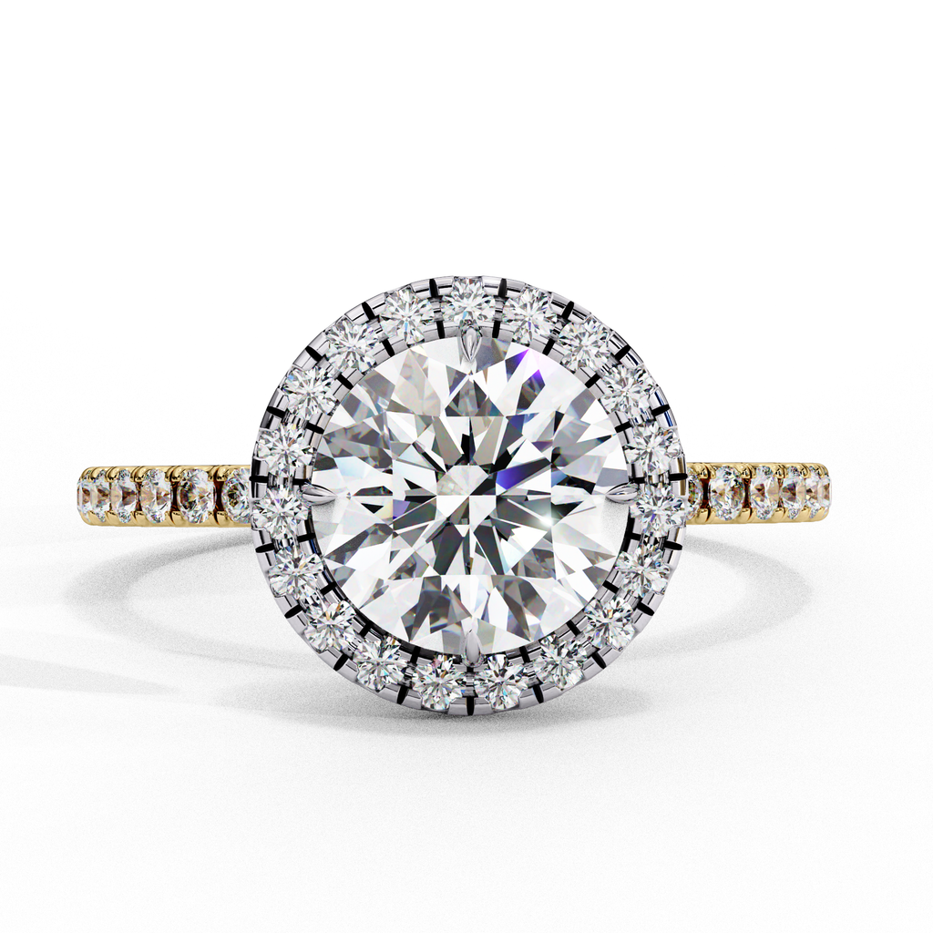 Round halo diamond engagement ring in yellow gold
