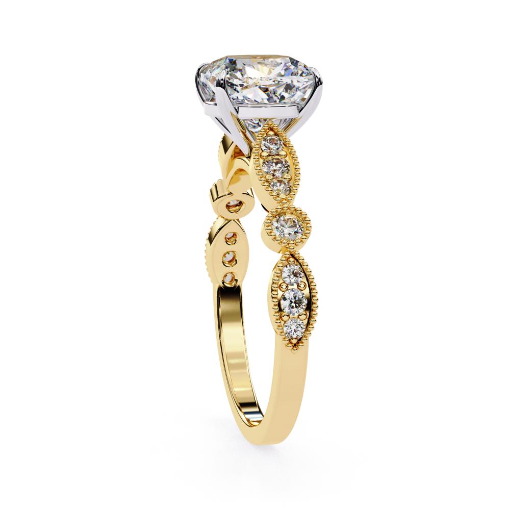 Elegant gold Milgrain Cathedral engagement ring with cushion-cut diamond