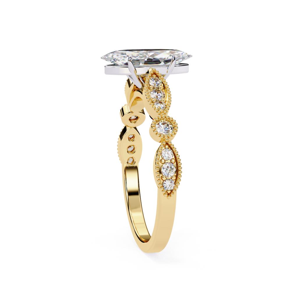 Elegant gold Milgrain Cathedral engagement ring with marquise diamond