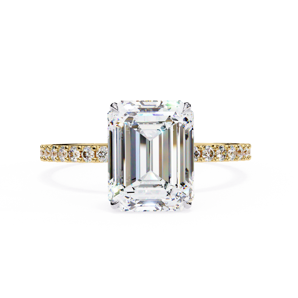 Emerald cut diamond engagement ring with pavé gold band
