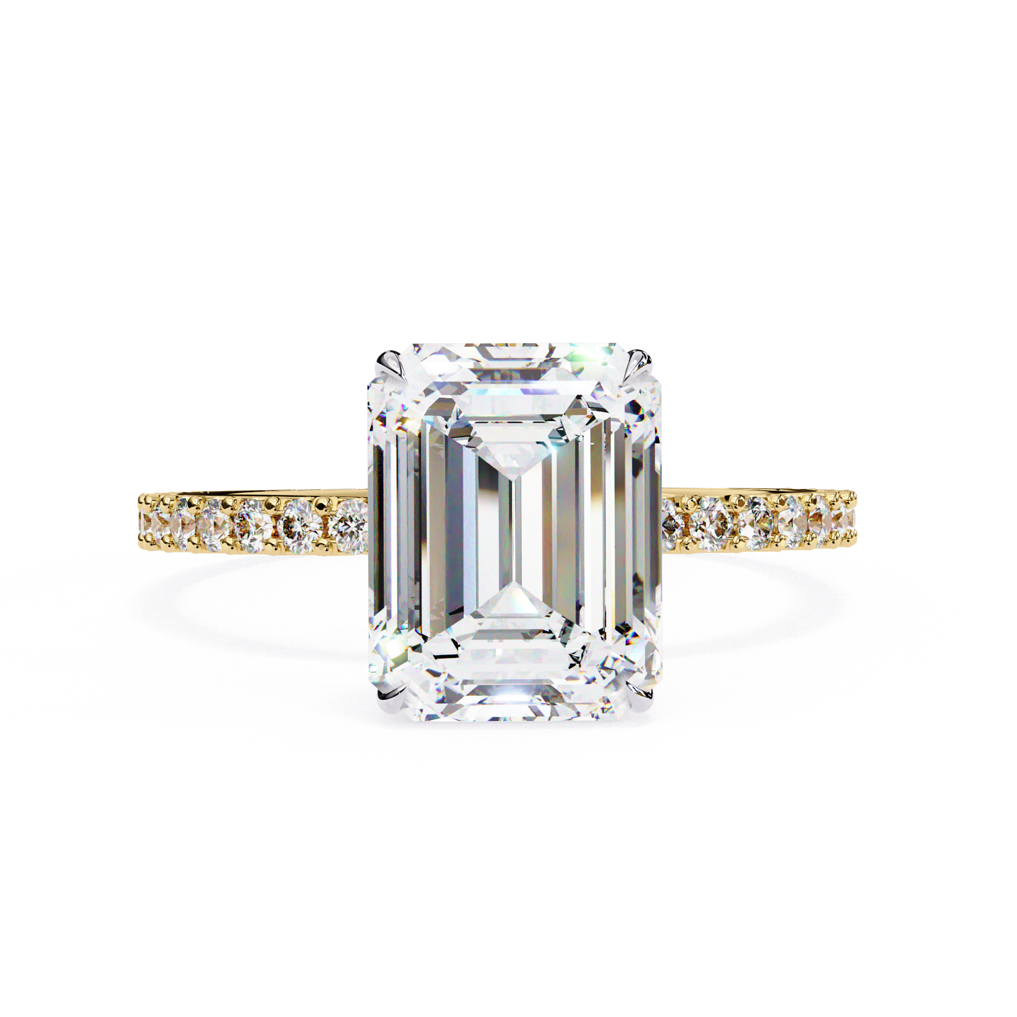 Emerald cut diamond engagement ring with pavé gold band