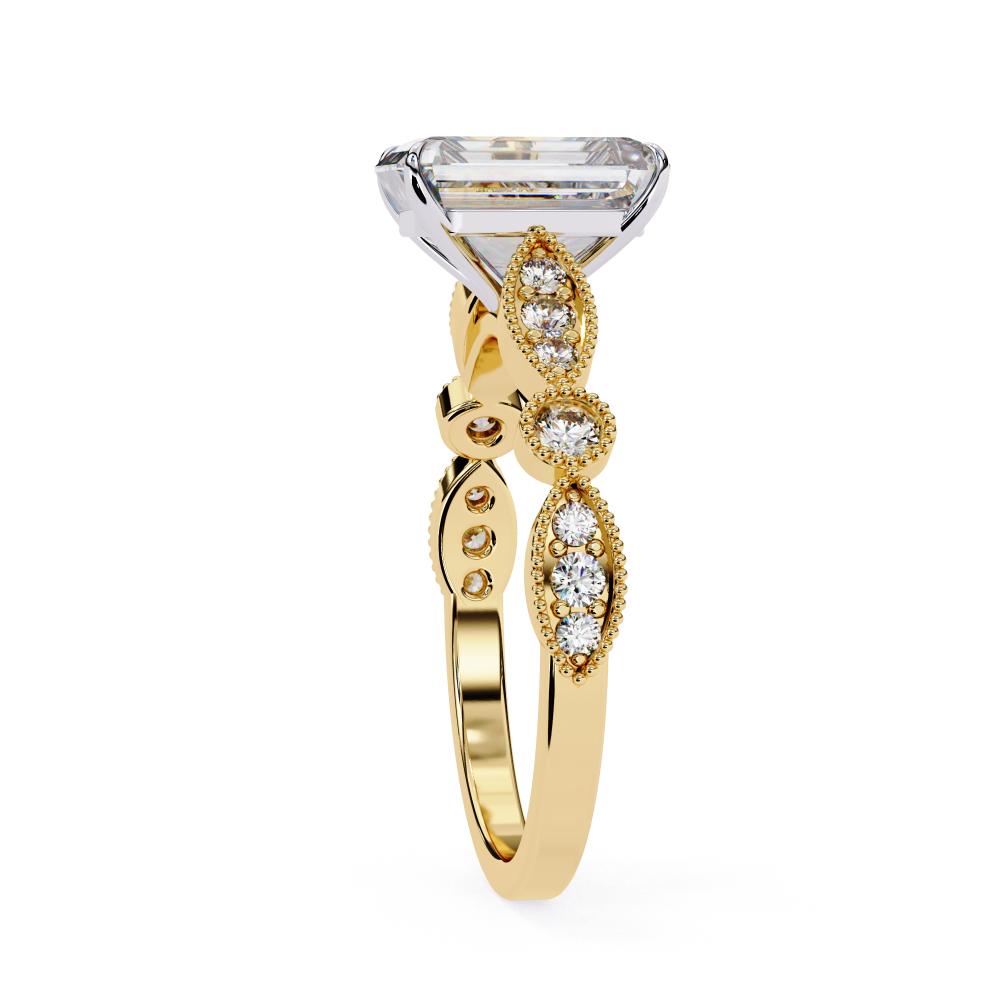 Elegant gold Milgrain Cathedral engagement ring with emerald-cut diamond