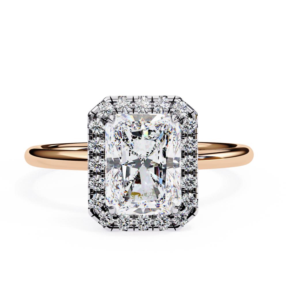 Round Brilliant Halo Radiant-Cut Diamond Ring in Rose Gold