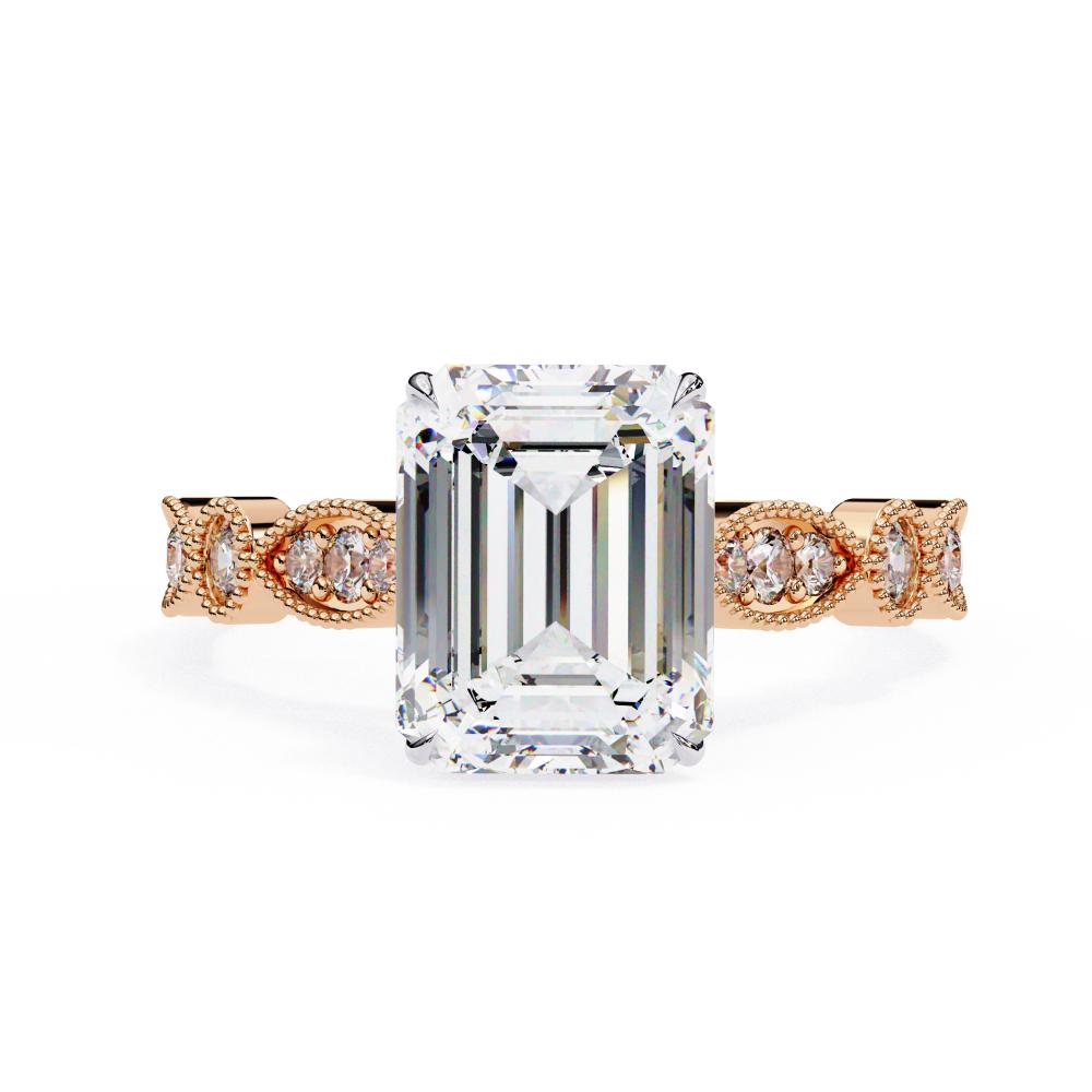 Rose Gold Milgrain Cathedral engagement ring with emerald diamond