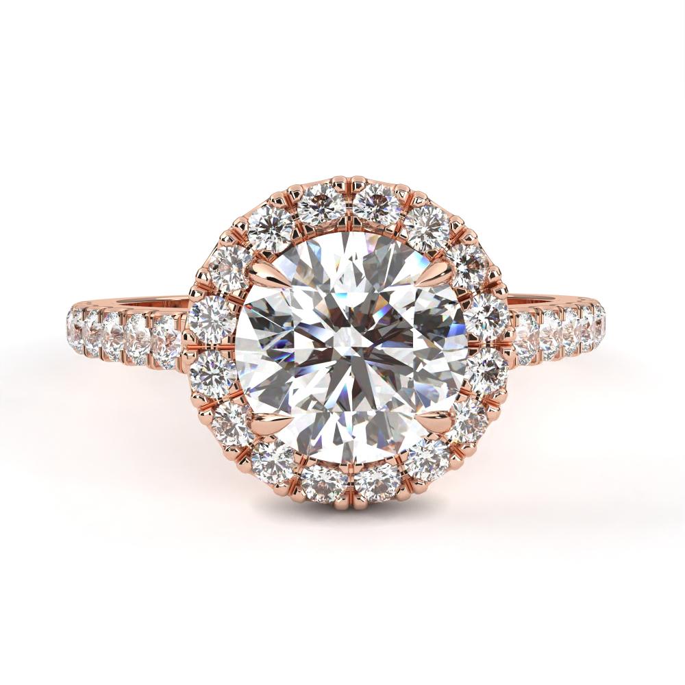 Round diamond halo engagement ring in rose gold with pavé band
