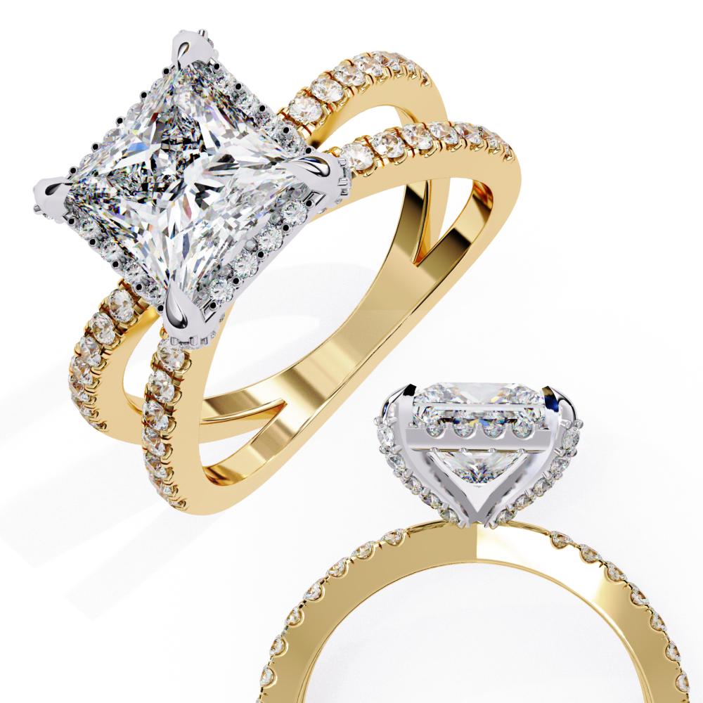 The Princess Halo Crossover Engagement Ring in Gold