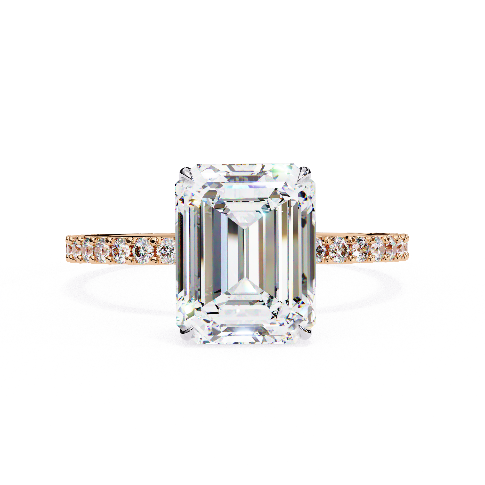 Emerald cut diamond engagement ring with pavé rose gold band