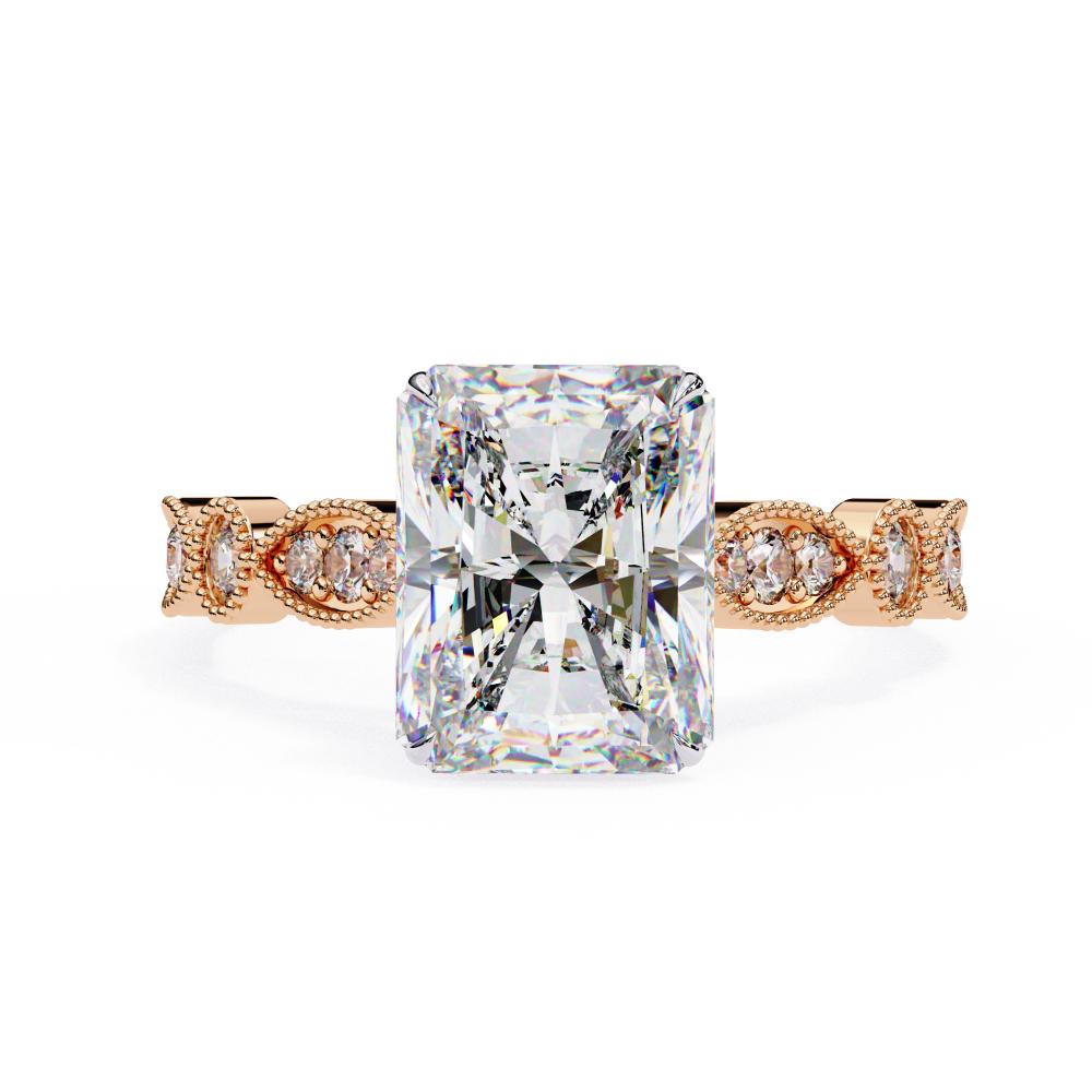 Rose Gold Milgrain Cathedral engagement ring with radiant-cut diamond