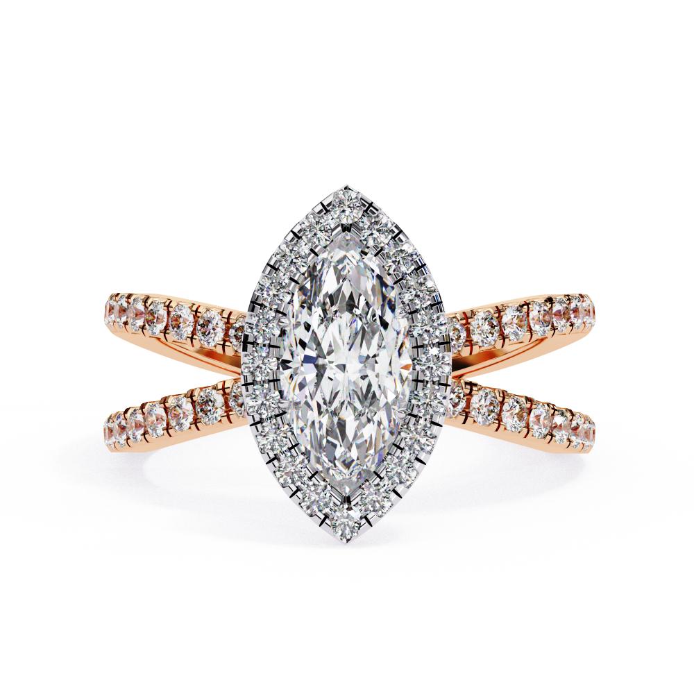 Marquise halo diamond ring in rose gold with crossover design