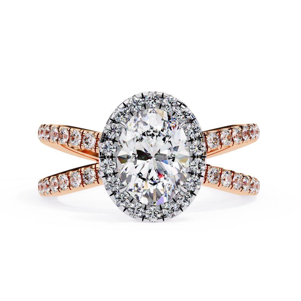 Oval halo diamond ring in rose gold with crossover design