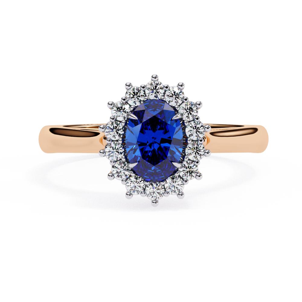 Oval blue sapphire and lab grown diamond halo engagement ring in rose gold