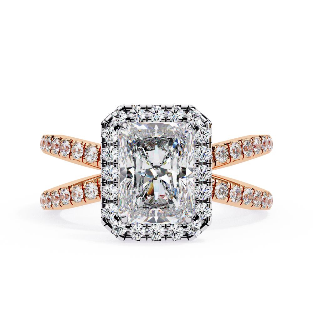 Radiant halo diamond ring in rose gold with crossover design