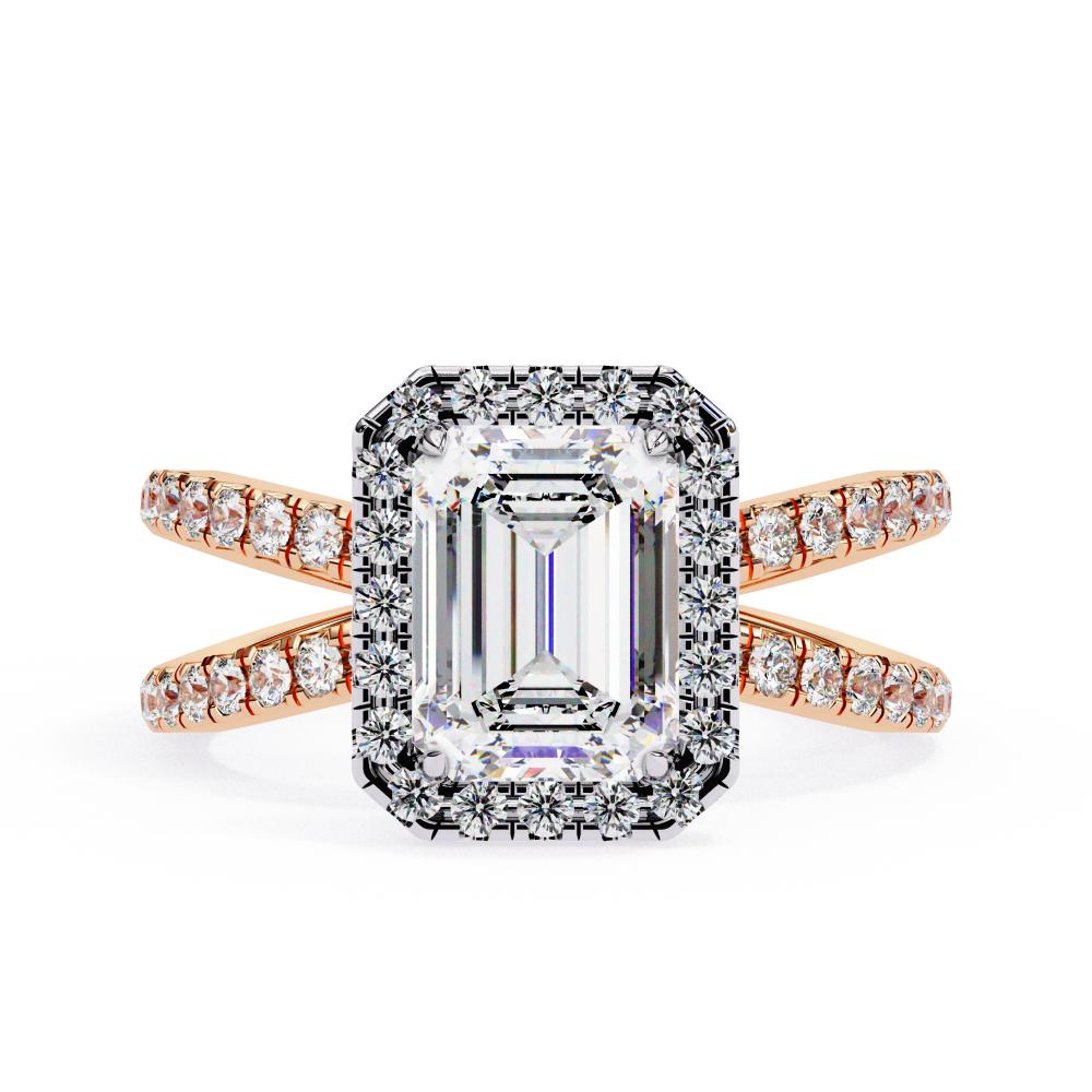 Emerald halo diamond ring in rose gold with crossover design