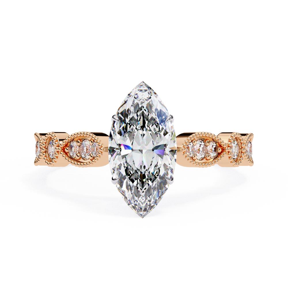 Rose Gold Milgrain Cathedral engagement ring with marquise diamond