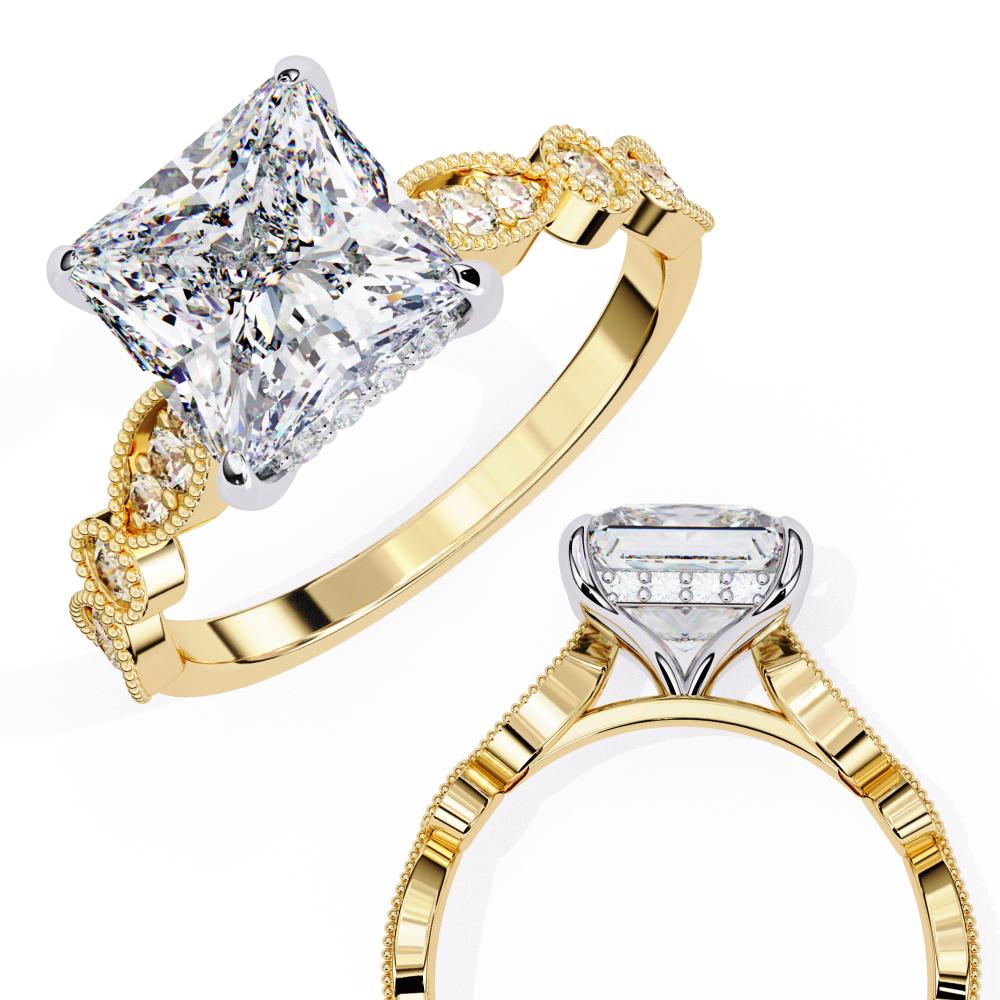 Affordable gold Princess Milgrain Cathedral solitaire ring