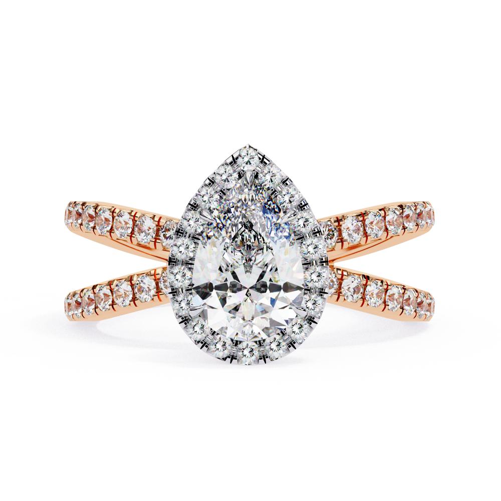 Pear halo diamond ring in rose gold with crossover design