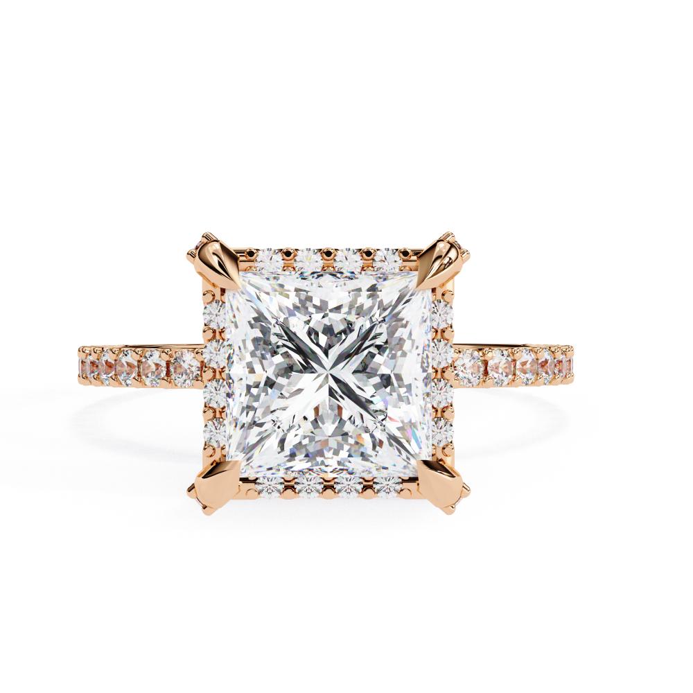 Princess cut diamond halo engagement ring in rose gold