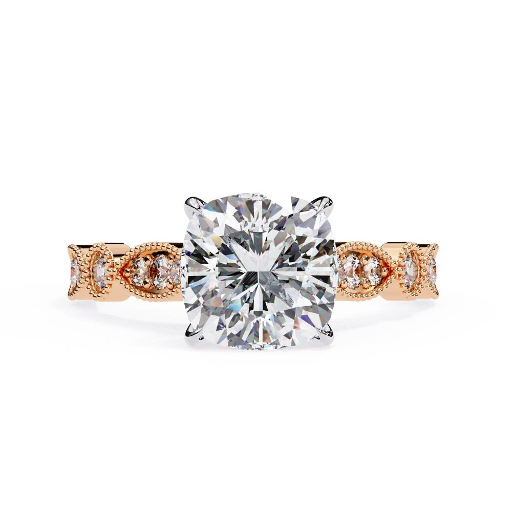 Rose Gold Milgrain Cathedral engagement ring with cushion-cut diamond