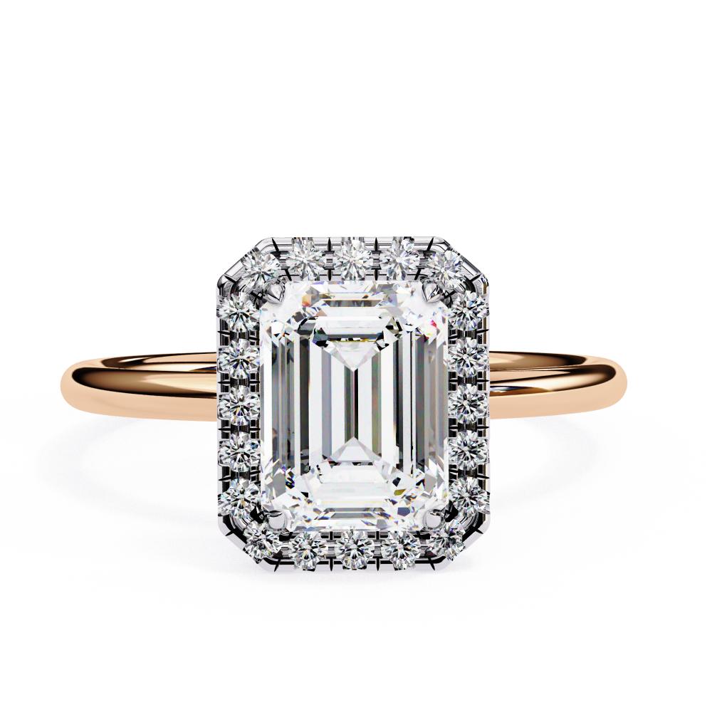 Round Brilliant Halo Emerald-Cut Diamond Ring in Rose Gold