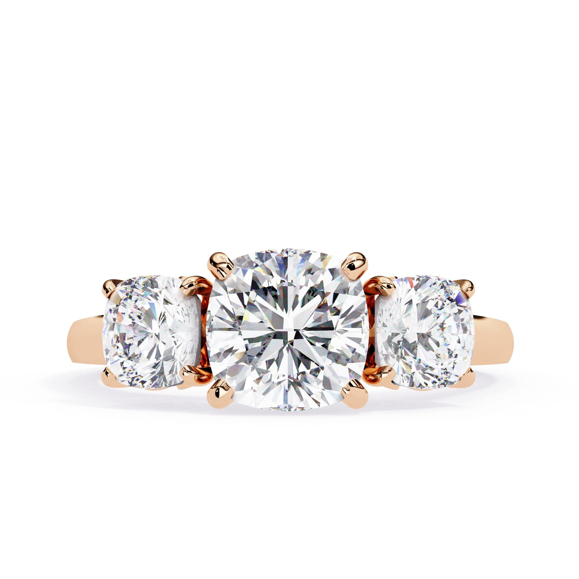 Lab grown cushion cut three-stone diamond ring in rose gold