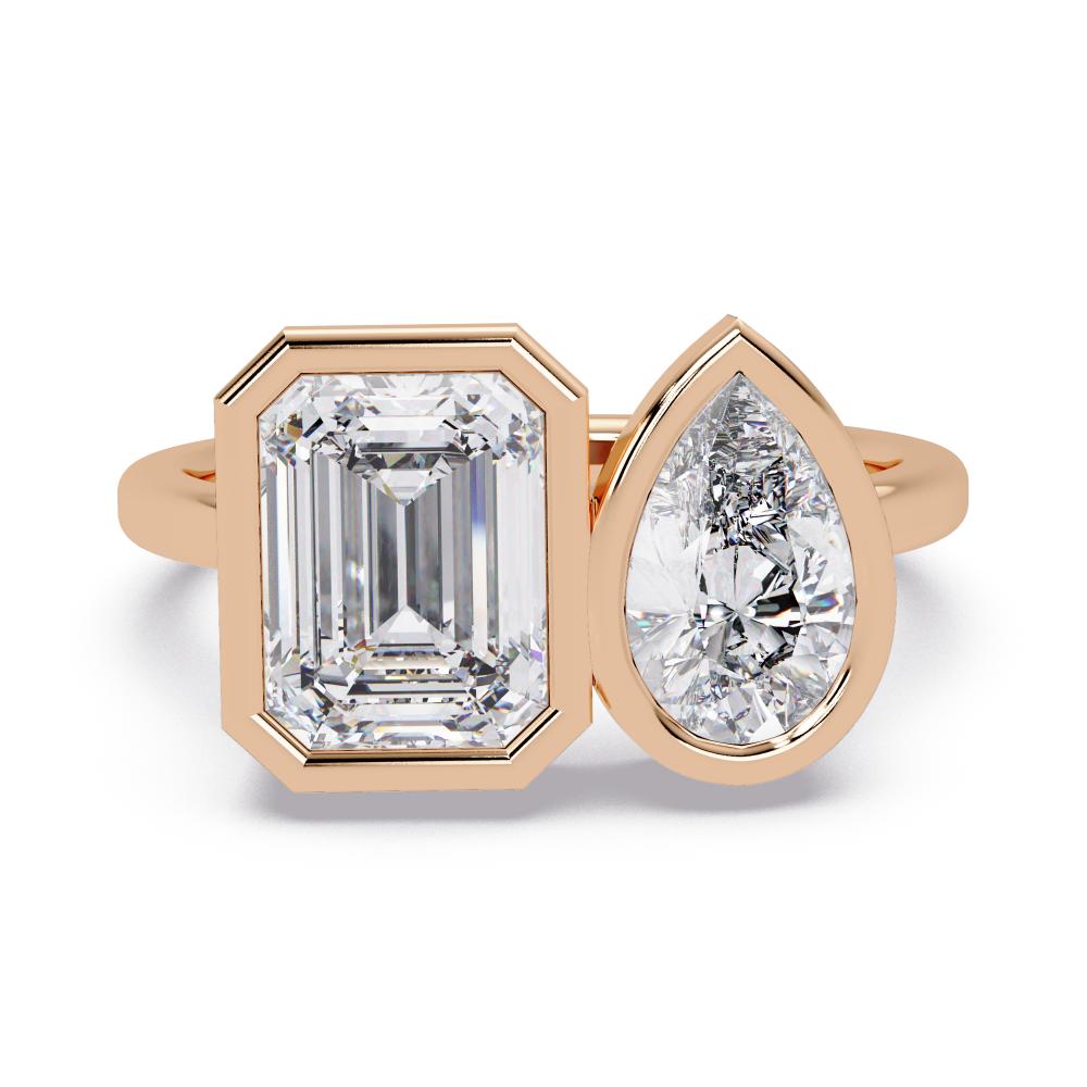 Pear and emerald diamond bezel Toi et Moi engagement ring in rose gold