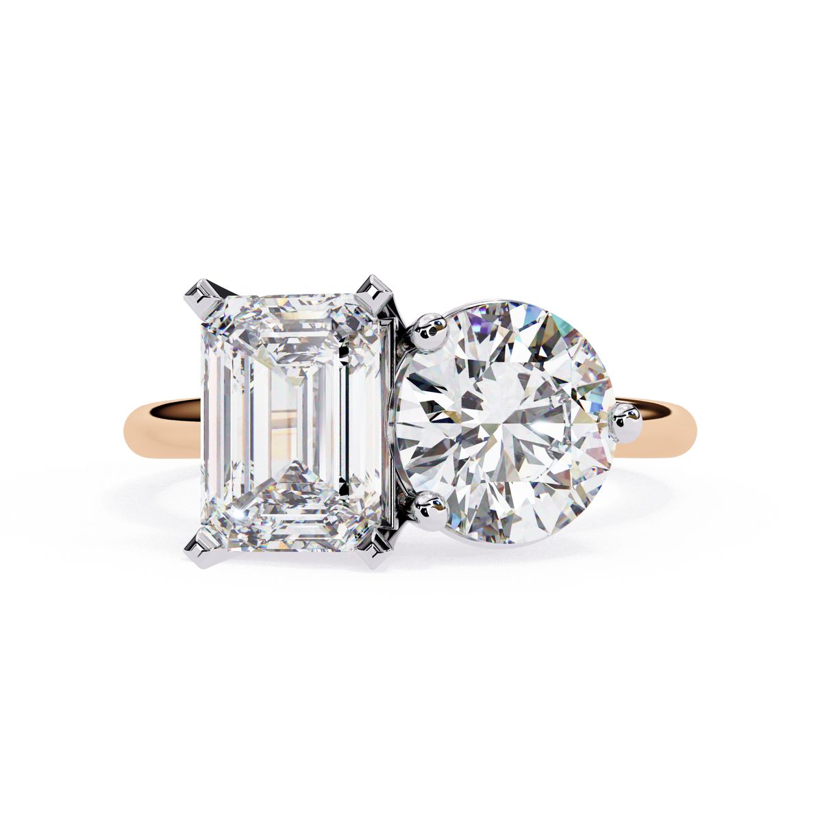 Emerald and round lab grown diamond Toi Et Moi engagement ring in rose gold