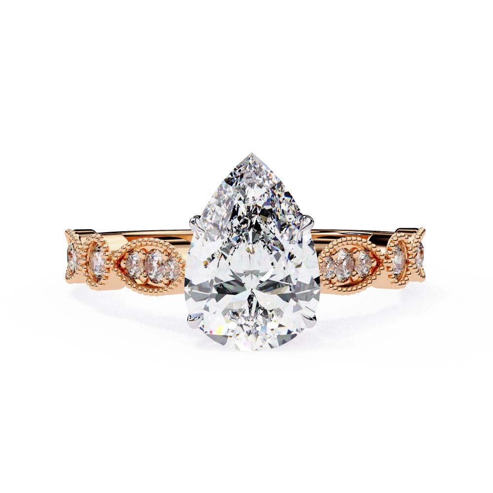 Rose Gold Milgrain Cathedral engagement ring with pear shape diamond