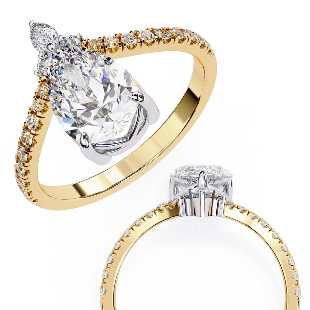 Pear cut diamond tiara style engagement ring in gold