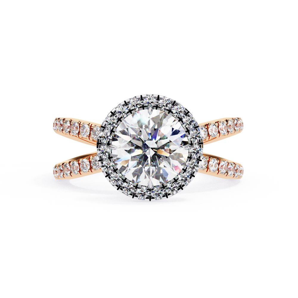 Round halo diamond ring in rose gold with crossover design