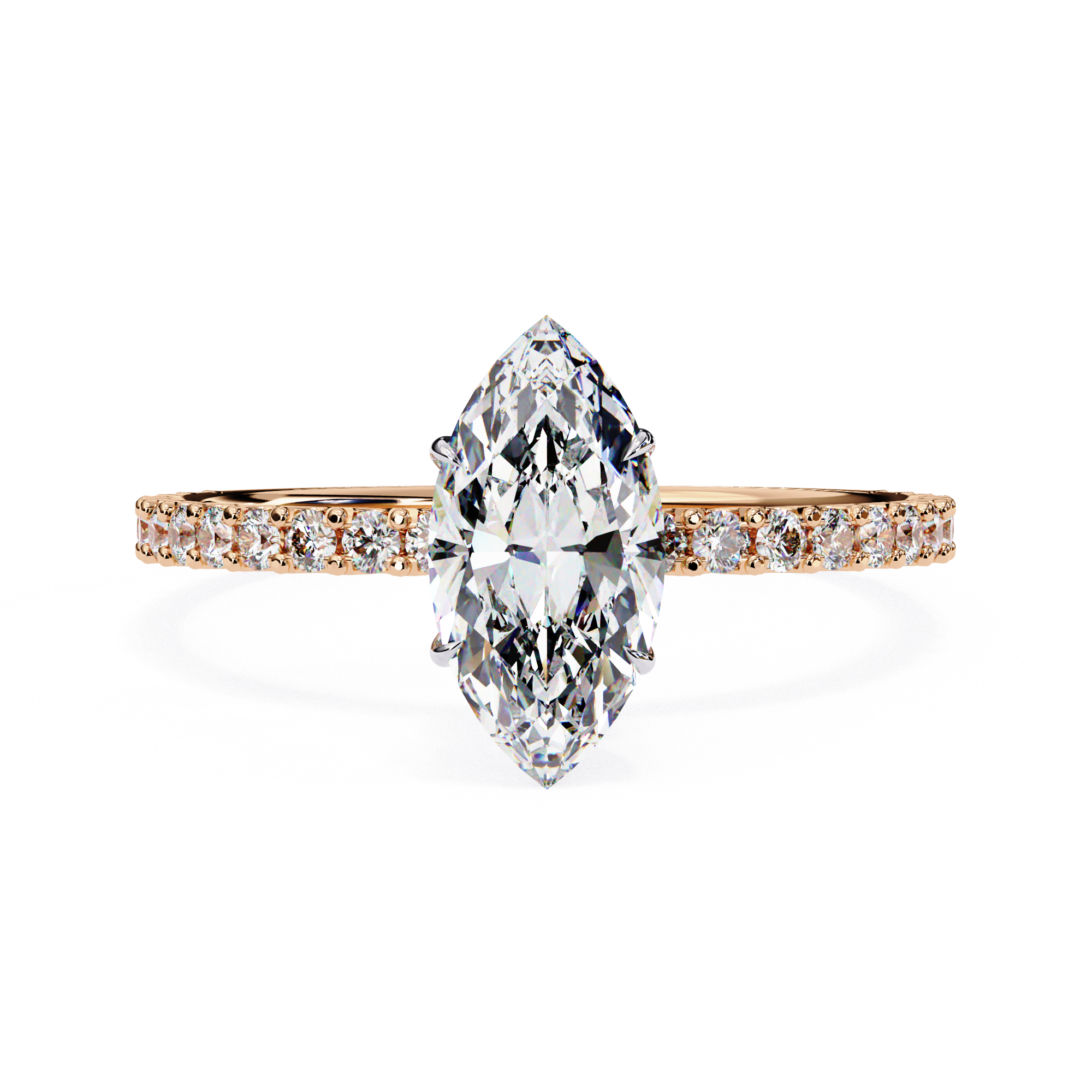 Marquise cut diamond engagement ring with pavé rose gold band