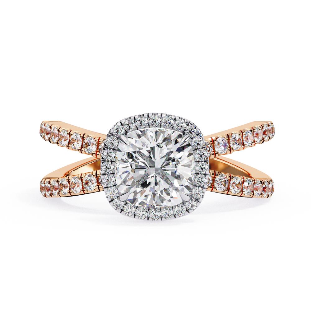 Cushion halo diamond ring in rose gold with crossover design