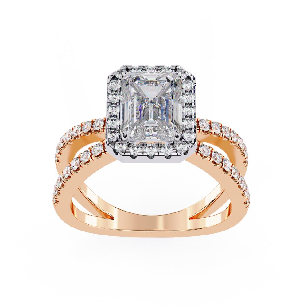 Emerald halo diamond engagement ring in rose gold with crossover design