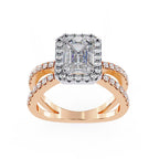 Emerald halo diamond engagement ring in rose gold with crossover design