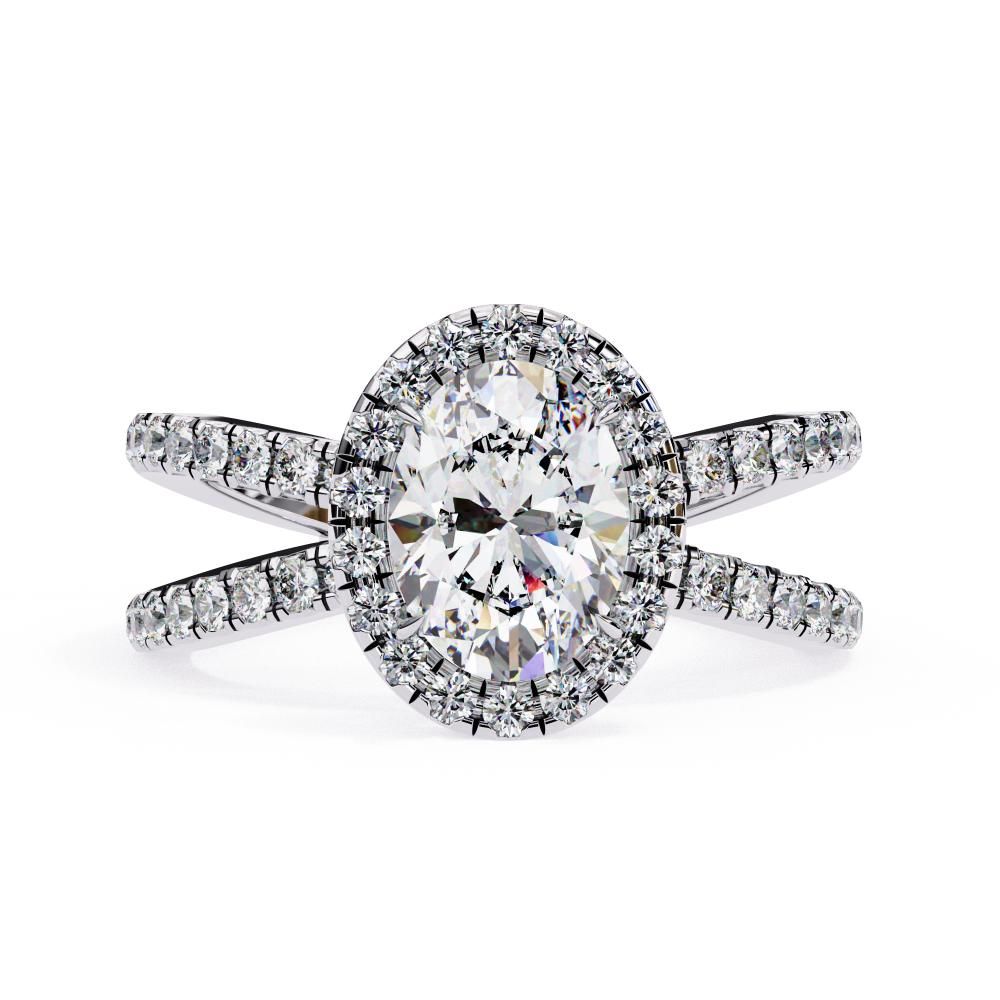 Oval halo diamond ring in white gold with crossover design