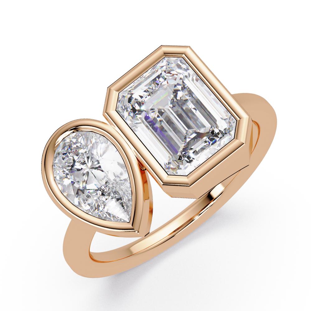 Pear and emerald lab grown diamond bezel Toi et Moi engagement ring in rose gold