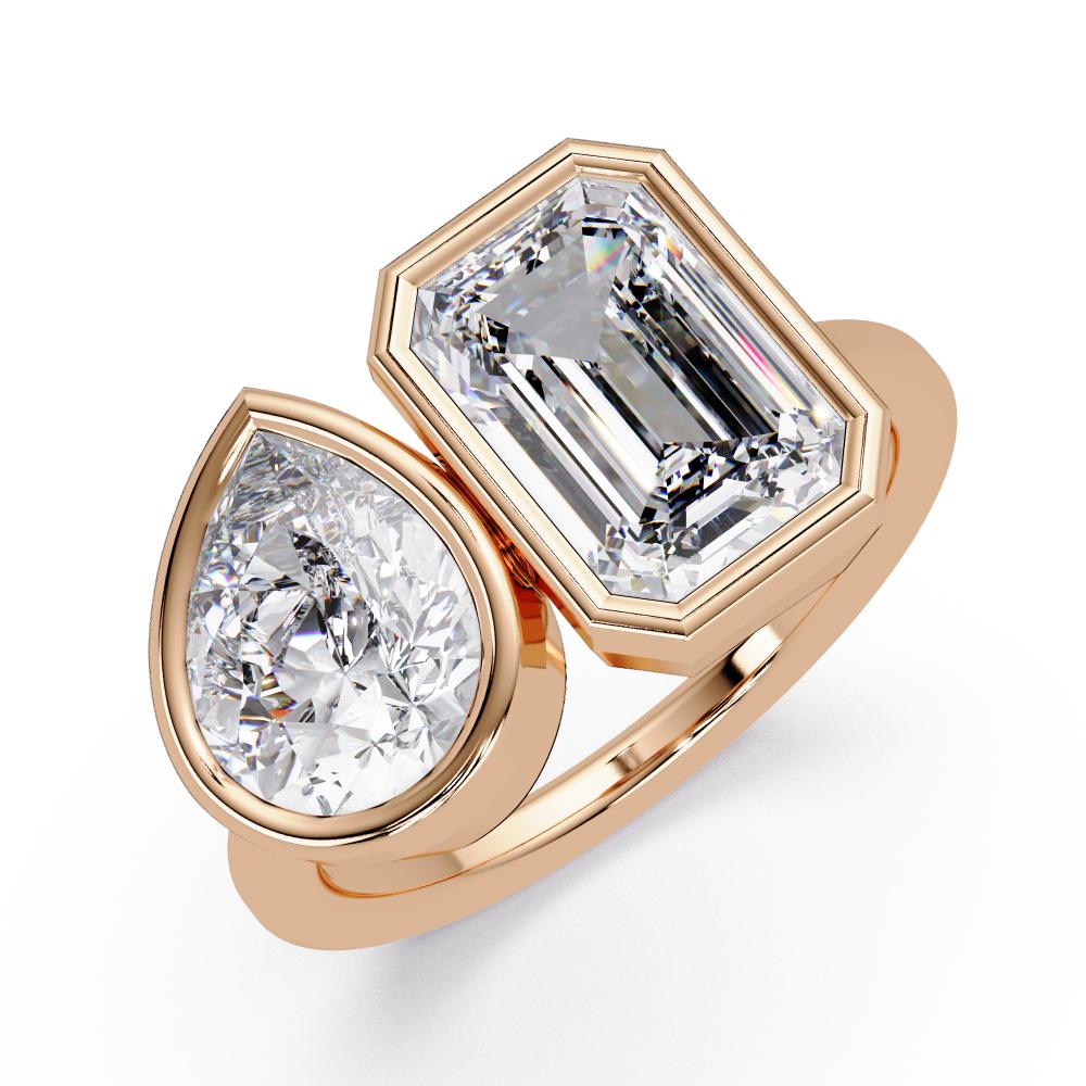 Rose Gold Toi et Moi ring with emerald-cut and pear-shaped diamonds