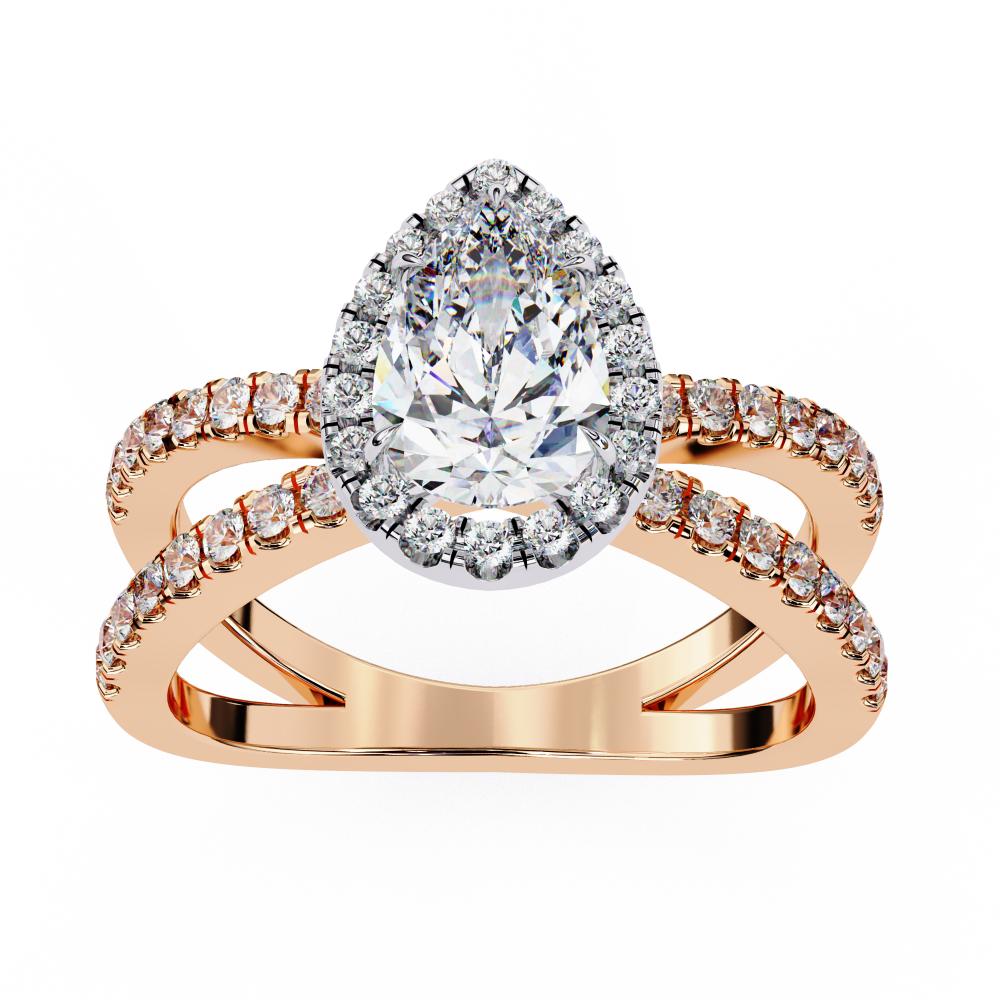 Pear halo diamond engagement ring in rose gold with crossover design