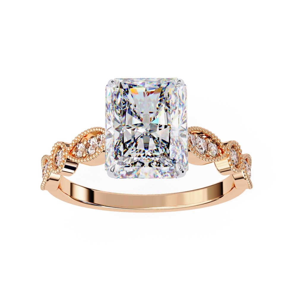 Rose engagement ring with radiant diamond and Milgrain details