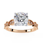 Rose Gold engagement ring with cushion diamond and Milgrain details