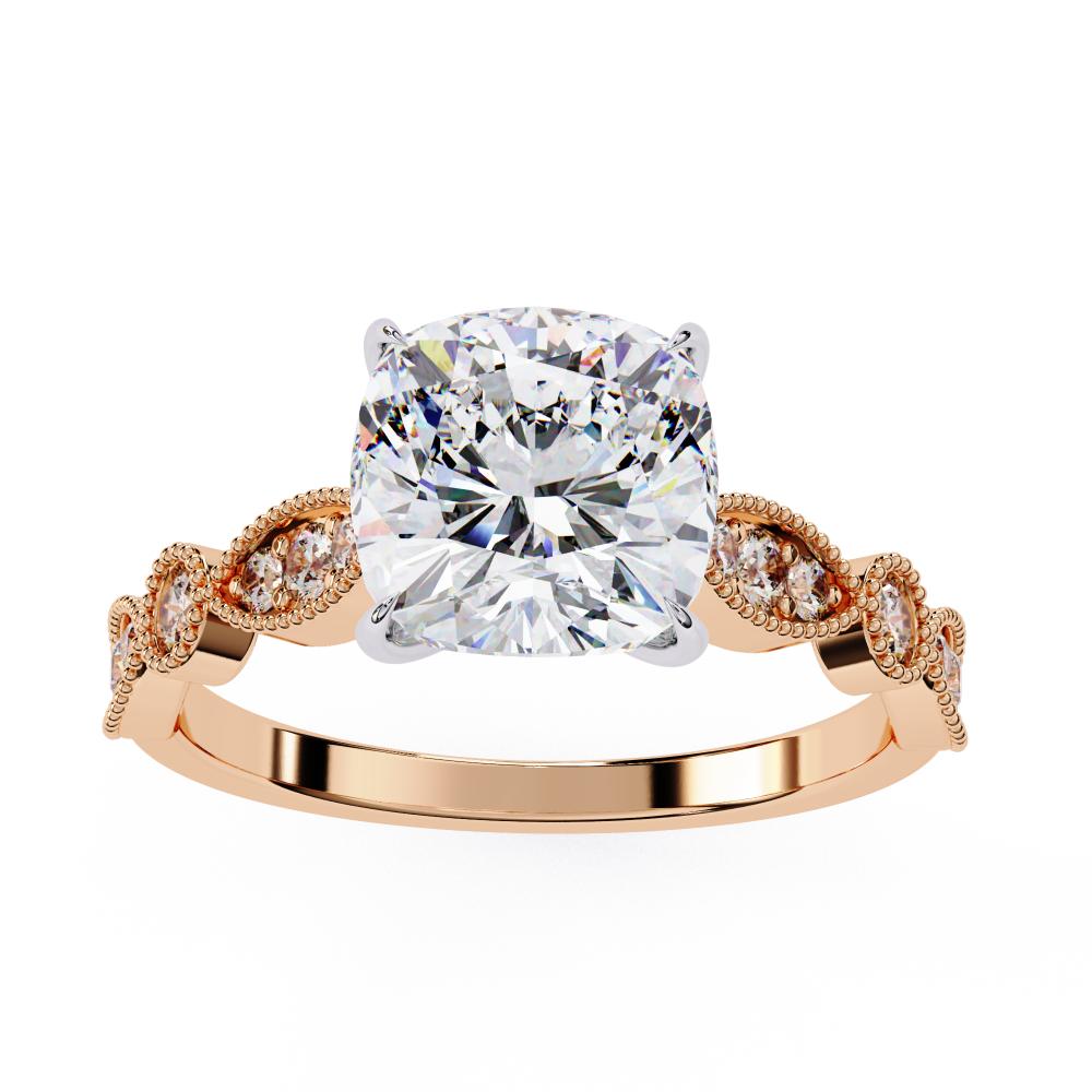 Rose Gold engagement ring with cushion diamond and Milgrain details