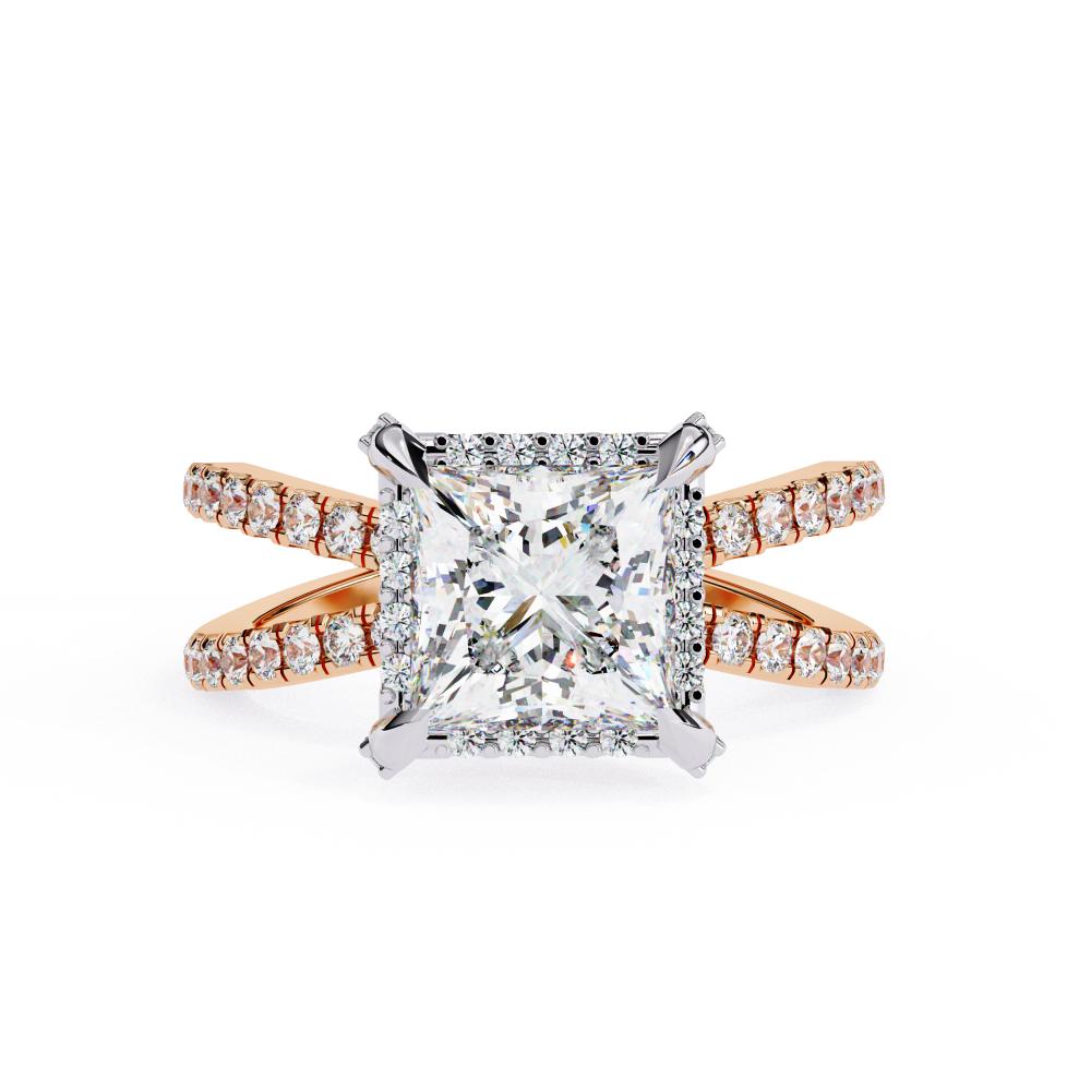 Princess halo diamond ring in rose gold with crossover design