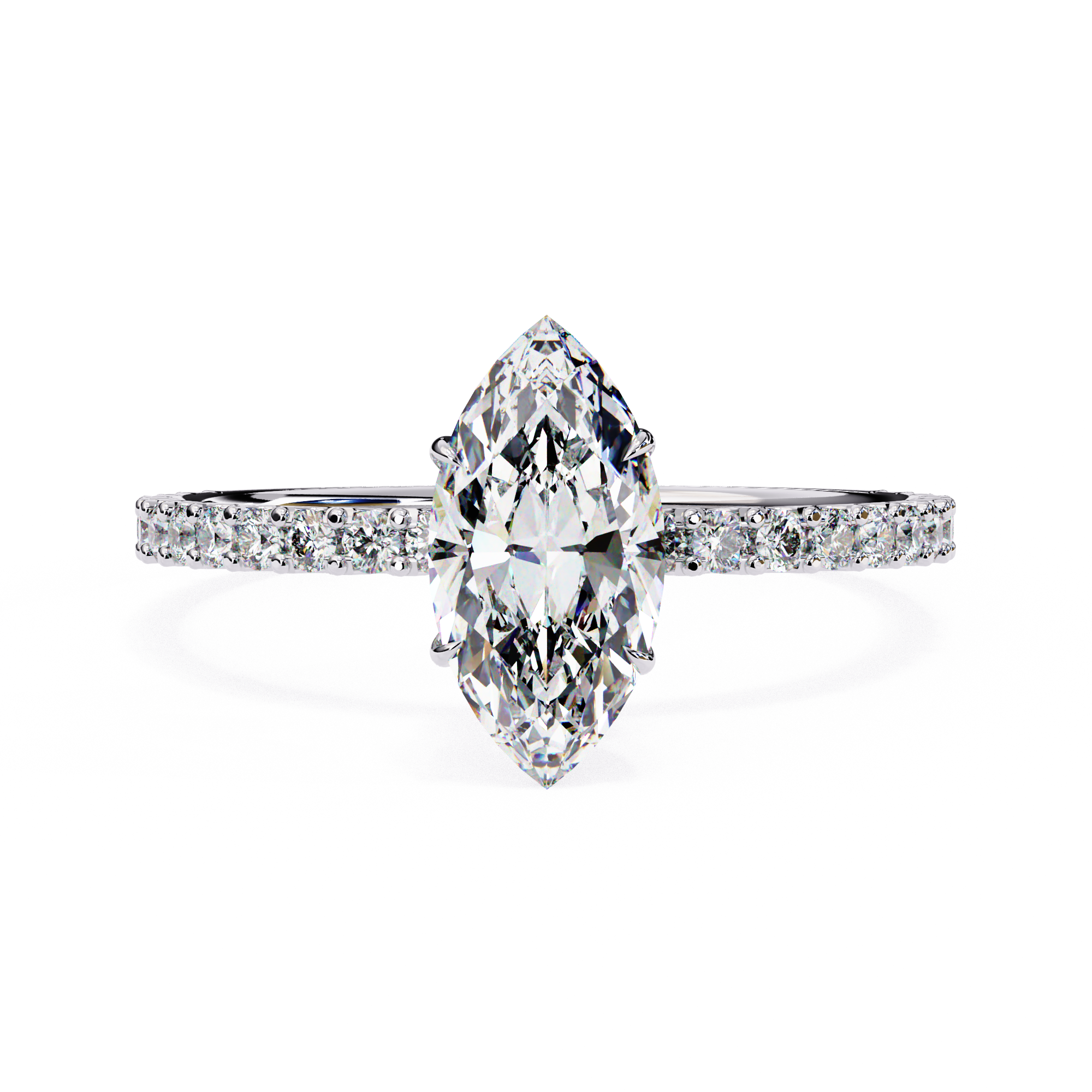 Marquise cut diamond engagement ring with pavé white gold band
