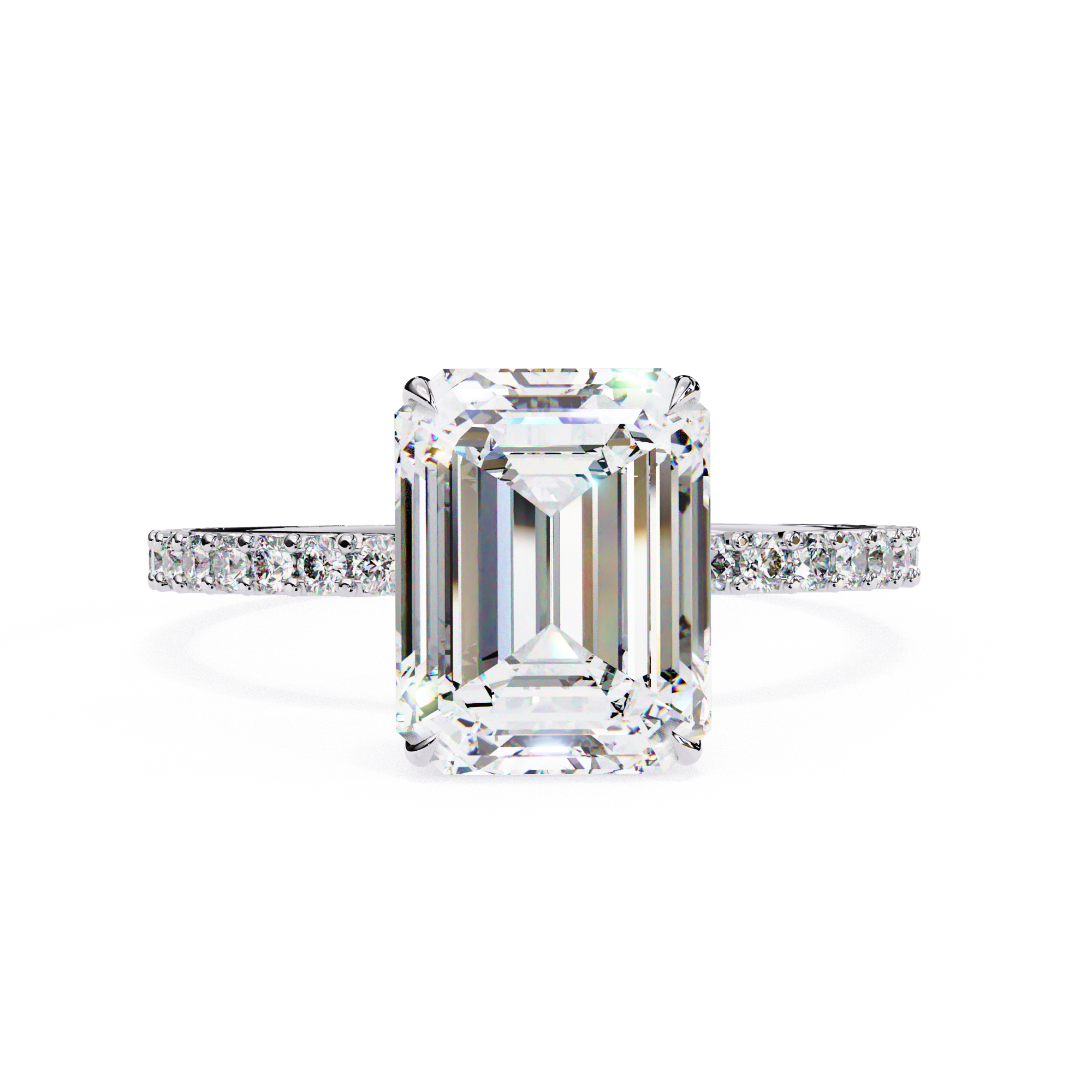 Emerald cut diamond engagement ring with pavé white gold band