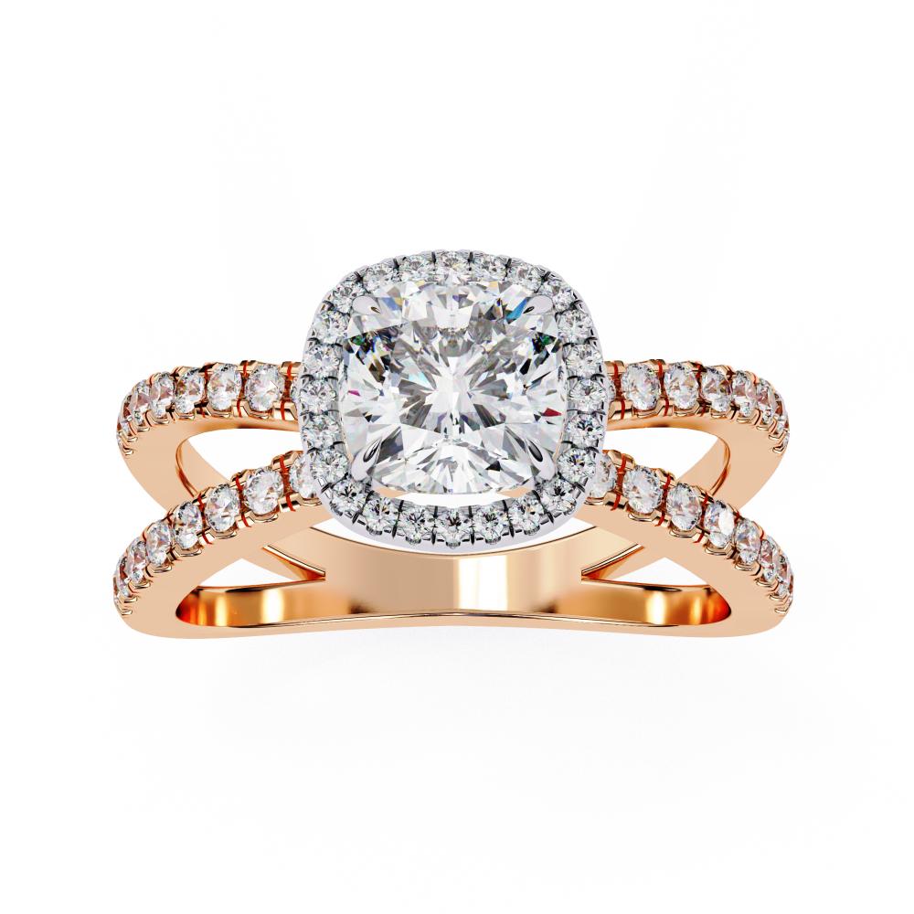 Cushion halo diamond engagement ring in rose gold with crossover design