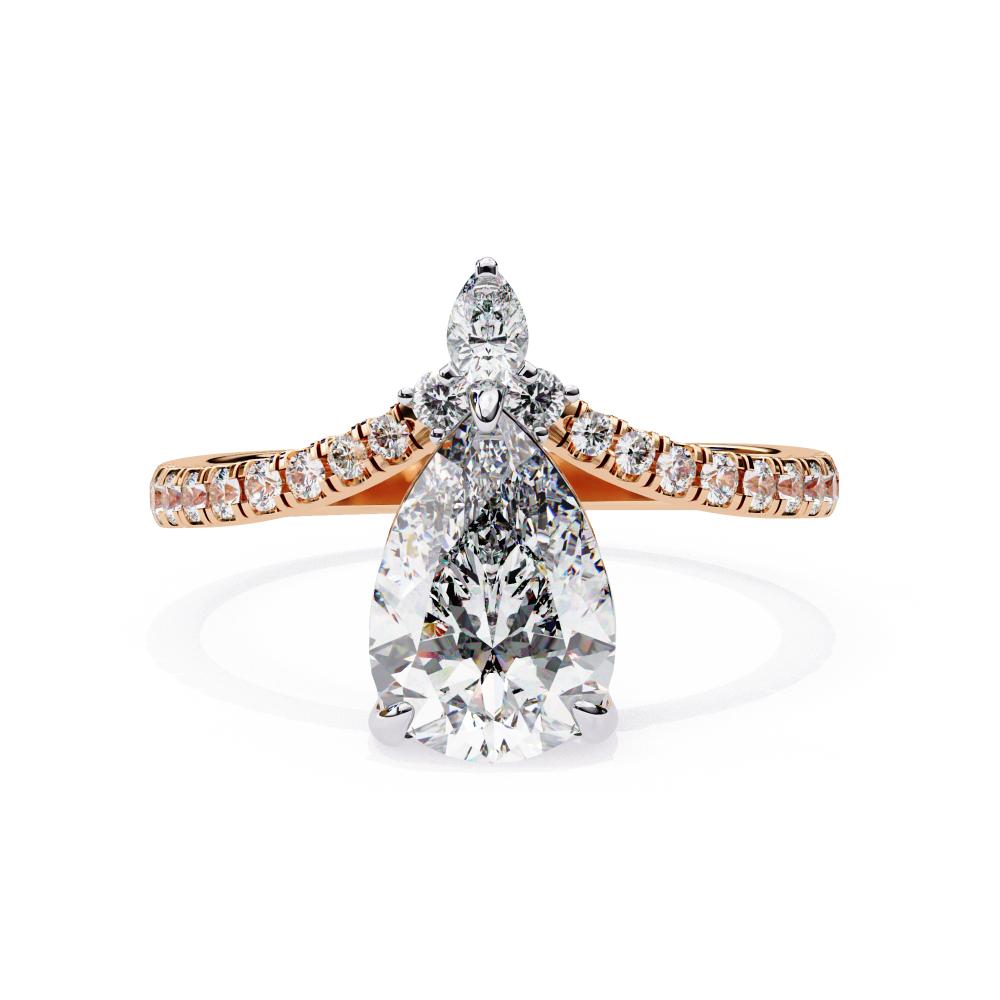 Pear cut diamond tiara style engagement ring in rose gold
