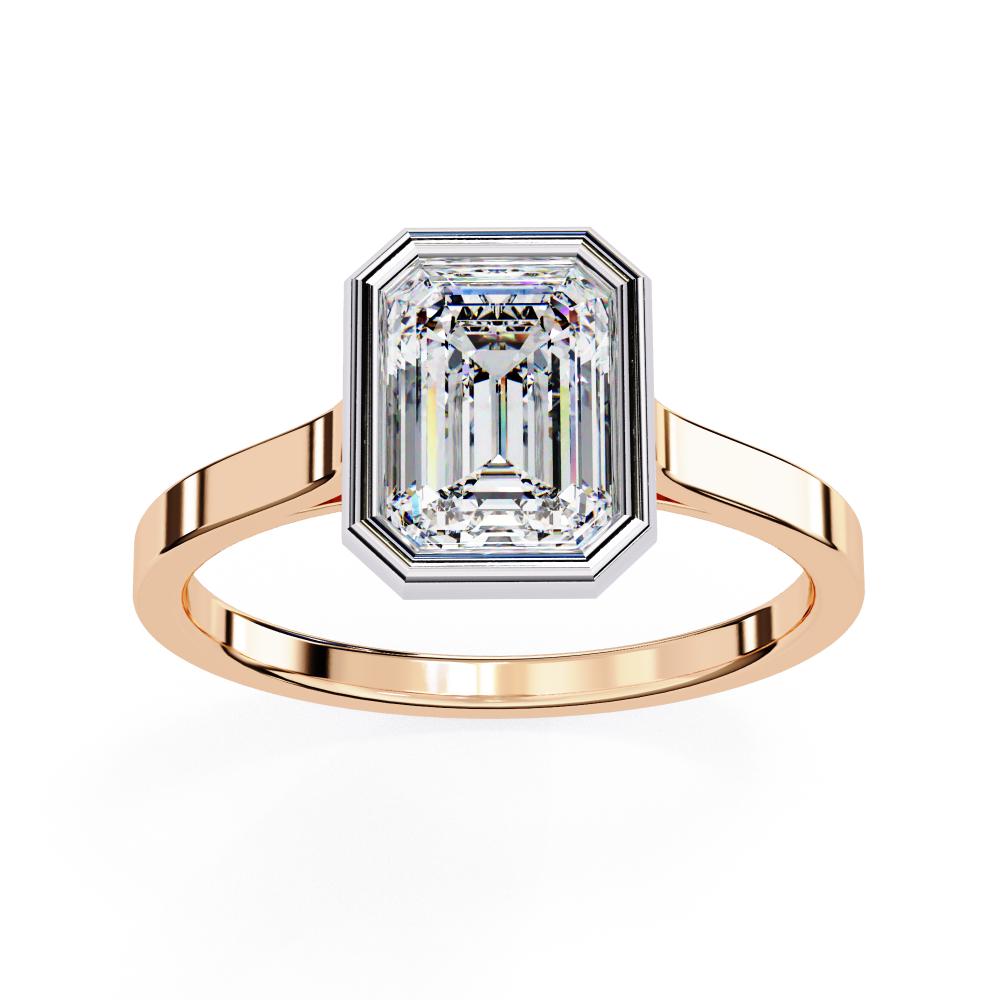 Bezel Emerald Cut Solitaire Diamond Engagement Ring in Rose Gold