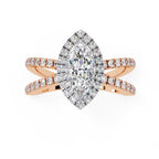 Marquise halo diamond engagement ring in rose gold with crossover design