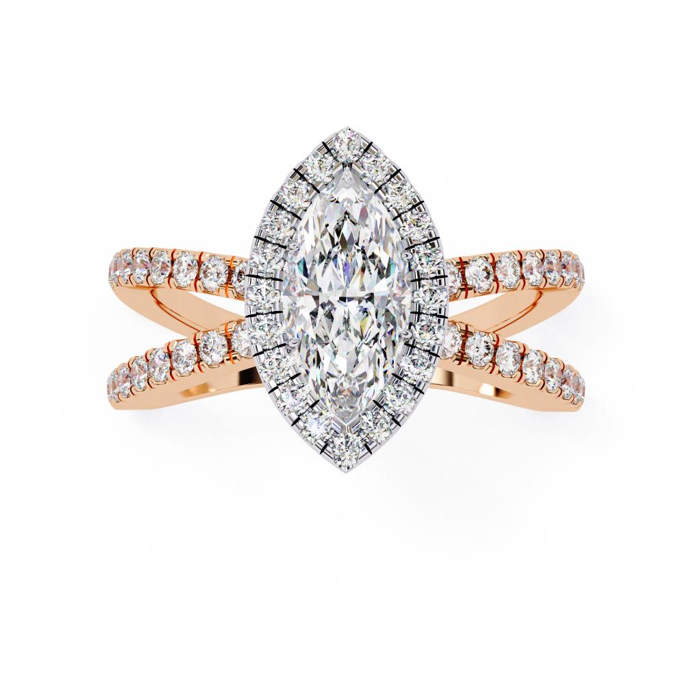 Marquise halo diamond engagement ring in rose gold with crossover design