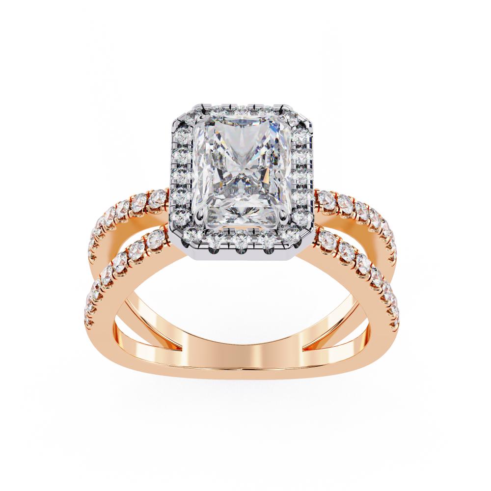 Radiant halo diamond engagement ring in rose gold with crossover design