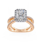 Radiant halo diamond engagement ring in rose gold with crossover design